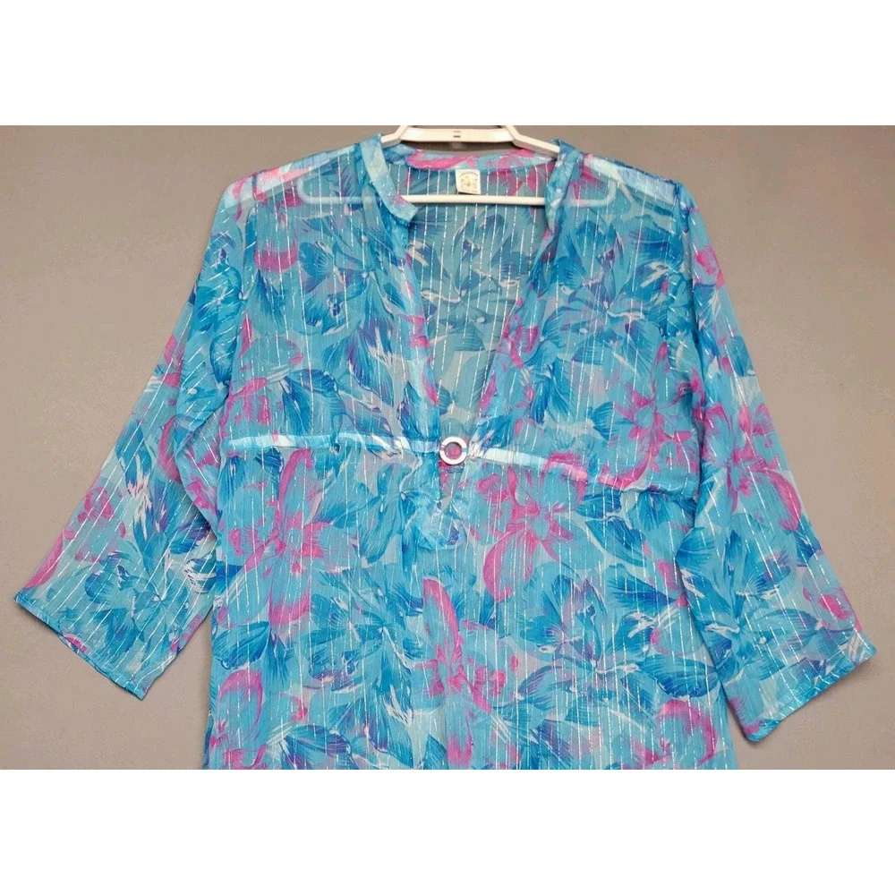 Creations Tropical Swim Cover Up Womens One Size Blue Pink Coastal Beach Vac - Picture 7 of 14